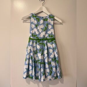 [Jacadi] Blue Floral Sleeveless Fit-and-Flare Dress with Green Trim